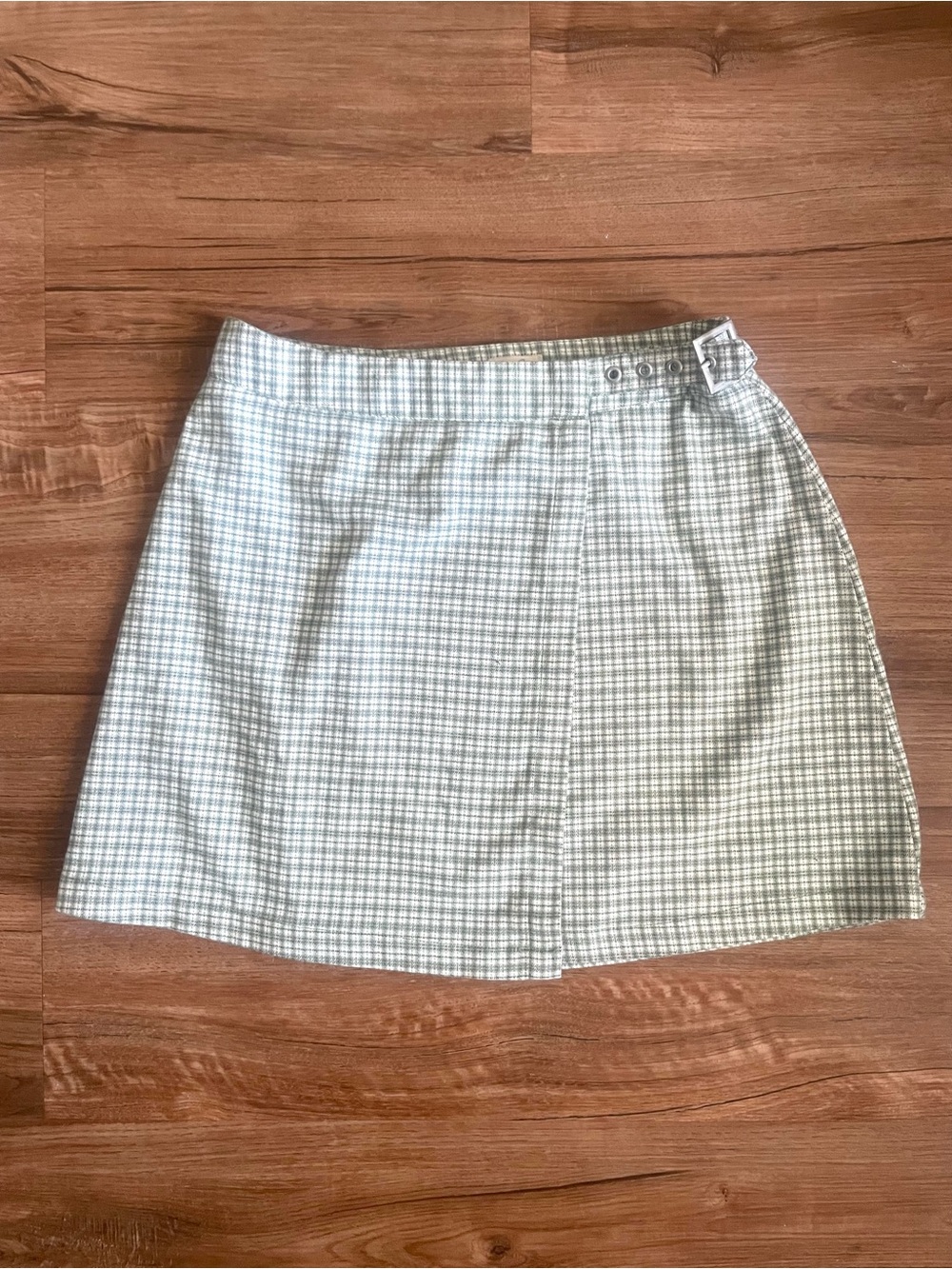 Brandy Melville Green and White Plaid Mini Skirt with Side Buckle